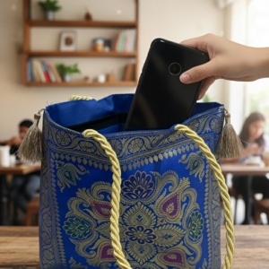 Bolso Tote Azul Rey con Medallón Banarasi para Mujer, Cierre Abierto, Forro de Poliéster Moderno con Decoración Floral - Product Image 5