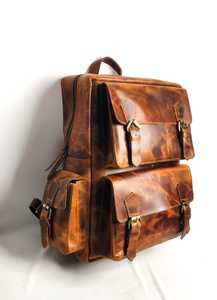 Mochila de lona encerada duradera de cuero genuino puro Vintage de moda, marco externo de escuela de estudiante universitario multibolsillo - Product Image 3