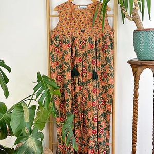 เดรส Maxi ผ้าฝ้ายแท้ใส่สบายสง่างามชุดเดรสแบบอินเดียชุดเดรสแบบผูกเอวแขนกุดระบายอากาศได้สำหรับฤดูร้อน - Product Image 1