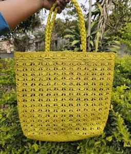 Yellow Crochet Tote Bag Hollow Out Pattern Bohemian Style Women Beach <b>Handbag</b> Lightweight Open Top Two Handles Casual Tote - Product Image 1