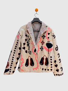Blazer en lin brodé à la main avec motif floral, manches longues, col rabattu, veste de printemps pour femme, longueur normale, doublure en coton - Product Image 1