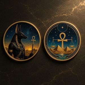 Moneta Rotonda in Metallo Dorato Personalizzata con Anubis, Dio Egizio, a Doppia Faccia, con Ankh, Scala e Piramide, Regalo Ispirato al Mito Antico - Product Image 5