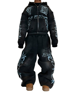 Ensemble survêtement et sweat à capuche surdimensionné en coton 100% lourd, délavé à l'acide, coupé et zippé, personnalisé pour le streetwear - Product Image 5