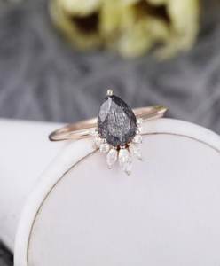 Minimalist 925 Sterling <b>Silver</b> Fine Ring Solid Pear Cut Black Rutile Stone <b>Wedding</b> Engagement <b>Band</b> for Parties - Product Image 2