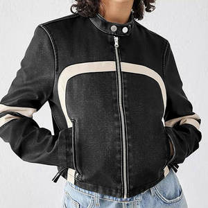 Veste en cuir d'agneau véritable de style vintage à la mode pour femmes col montant d'hiver avec logo avant et fermeture à glissière - Product Image 3