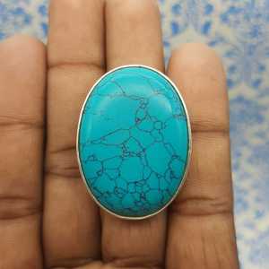 Chunky Howlite Turquoise Cabochon <b>Ring</b> Elegant Solid Silver Bohemian Artisan Craft with <b>Pearl</b> and Diamond for Wedding - Product Image 3