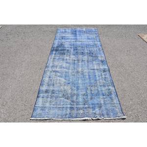 Alfombra turca azul Vintage de 3,6x8,5 pies, alfombra clásica de área grande con respaldo de látex de lana, alfombra rectangular abstracta para habitación de pasillo - Product Image 1