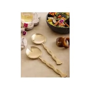 <b>Gold</b> Plated Salad Server <b>Spoon</b> & Fork Set Wedding Table Decor <b>Spoon</b> Salad Server Long Rope Twisted Design Handle - Product Image 1