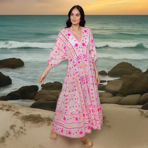 Impresionante vestido largo bohemio para mujer de talla grande con escote en V, bordado de espejo, mangas voluminosas, ropa de resort Glamour - Product Image 1