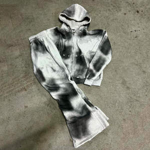 Fabricación personalizada Boxy Fit Oversized Vintage ácido sucio lavado desgastado Zip Hoodie Baggy Raw Hem 2 piezas Flare chándal - Product Image 1