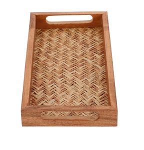 Plateau rectangulaire en bois d'acacia fabriqué à la main en bois avec poignées Plateau de service décoratif pour table de petit déjeuner décoratif - Product Image 1