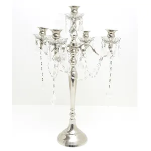 金属水晶杆5臂烛台，带吊坠，高金属烛台，银色烛台，家用摆件