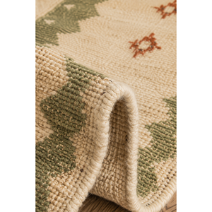 Tapis de couloir en kilim tissé à chevrons, crème et vert sauge - Product Image 1