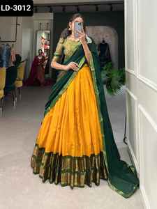 Ropa tradicional de estilo indio del Sur Kanchipuram Silk Lehenga Choli con trabajo de tejido Zari y Georgette con encaje liso Dupatta - Product Image 6