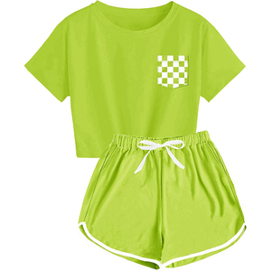 Conjunto de dos piezas de verano para niñas Camiseta de gran tamaño al por mayor con patrón sólido Pantalones cortos de mujer para mujeres - Product Image 6