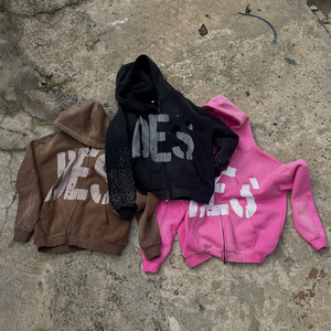 Sweat à capuche vieilli avec broderie du fabricant personnalisé veste zippée en strass sweat à capuche Streetwear en polaire délavé vintage pour hommes délavés au soleil - Product Image 1