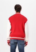 Chaqueta universitaria roja y blanca de alta calidad con logotipo personalizado para hombre, bombardero de béisbol con letras universitarias, puños acanalados con cuello de plumón