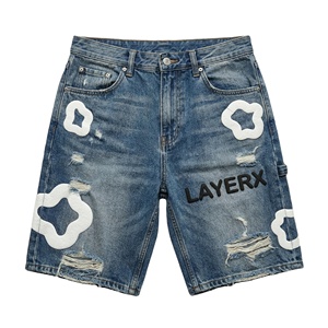 Shorts en jean pour hommes, imprimé puff, streetwear, coupe ample, délavé, écologique, décontracté, demi-pantalon, vente en gros, commande en gros - Product Image 1