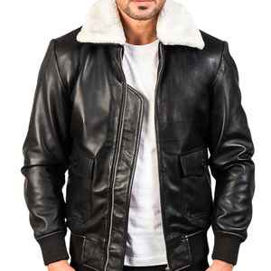 Bomber Veste en cuir d'agneau Cols écartés Doublure en cuir de vachette satiné et polyester pour hommes Fermeture à glissière avec vestes à manchettes boutonnées - Product Image 1