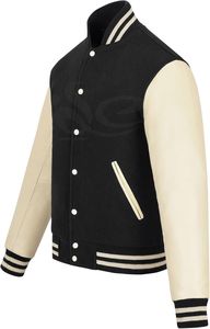 Veste Letterman Varsity Vintage personnalisée 2025 corps en laine pour hommes noirs avec manches en cuir de vachette blanc crème - Product Image 2