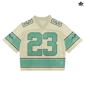 เสื้อฟุตบอลอเมริกันสีขาวแบบกำหนดเองสำหรับผู้ชายหมายเลข 74 คอวีแขนสั้นผ้าตาข่ายระบายอากาศได้ชุดกีฬาทีมลายทางสีน้ำเงินสีแดง - Product Image 2