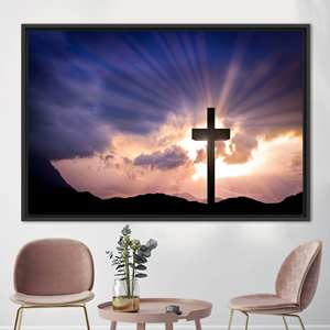 Impression sur toile d'art religieux avec croix chrétienne et résurrection de Jésus-Christ - Décoration élégante pour la maison, 1P : encadré noir - Product Image 1