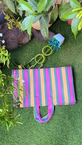 Bolsas de compras de rayas PP tejidas ecológicas de nailon, telar manual de plástico de polipropileno reciclado sostenible hecho en La India reciclado - Product Image 2