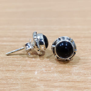 14k Gold Black Onyx <b>Stud</b> Earrings with Diamond & <b>Emerald</b> Ball Shape Bezel Setting Trendy Hoop Design 2.6 Grams - Product Image 1