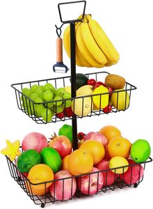 Corbeille à fruits rectangulaire 2 niveaux en métal comptoir de cuisine organisation Snack noir pour cuisine stockage à la main - Product Image 6