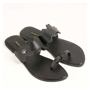 <b>Women's</b> Anti-Slippery <b>Sliders</b> with Faux Leather Upper Natural Leather Midsole Striking Scallop Strap & All-<b>Black</b> Design - Product Image 1