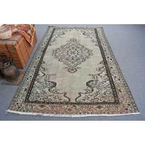Turkish Vintage Large Rug 5.3x8.3 ft, <b>Brown</b> Gray Check <b>Wool</b> Rug - Product Image 1
