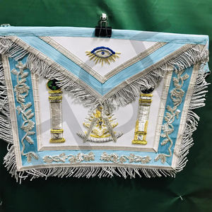Tablier de Maître Maçon Maçonnique Bleu Clair Brodé à la Main, Régalia de Loge avec Franges Argentées et Motif Colonnes - Product Image 5