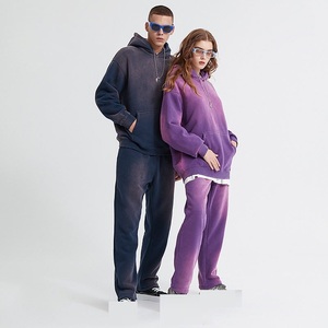 Ropa de calle personalizada de alta calidad para hombre, chándal Vintage, chándal lavado con ácido desteñido al sol, conjunto de pantalones de chándal holgados con capucha para invierno - Product Image 1