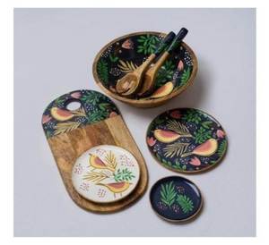 Juego de bandejas de servir de madera ecológicas con tazón, juego de servidores de ensalada con diseño impreso en esmalte, vajilla, juego de decoración para el hogar al mejor precio - Product Image 1