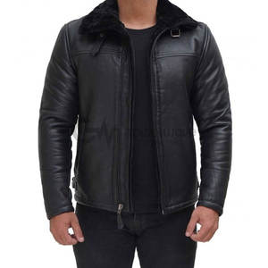 Chaqueta de cuero de bombardero de piel de oveja de alta calidad, abrigo cálido de piel de oveja genuina con tela de lona de lana gruesa, MOQ bajo - Product Image 1