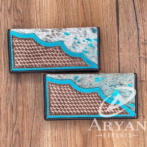 Pochette en cuir occidental usiné à la main sculpture coque de téléphone élégant couleur Turquoise portefeuille en cuir de fourrure de vachette pour plusieurs utilisations - Product Image 1