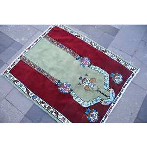 Alfombra de lana turca Vintage alfombra islámica verde roja 3,3X3,9 pies diseño de retazos para decoraciones de sala de estar látex de 10mm de espesor - Product Image 4