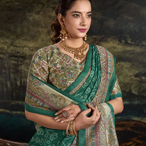 Saree en soie verte de qualité supérieure avec impression Madhubani Bandhej Fusion et chemisier Madhubani non cousu en gros exportation traditionnelle - Product Image 1