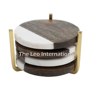 Wooden and Marble Material Round Shape Tea Coasters Sets of 4 Fancy Style Hot Selling Highest Quality Decorative Coasters - Product Image 3