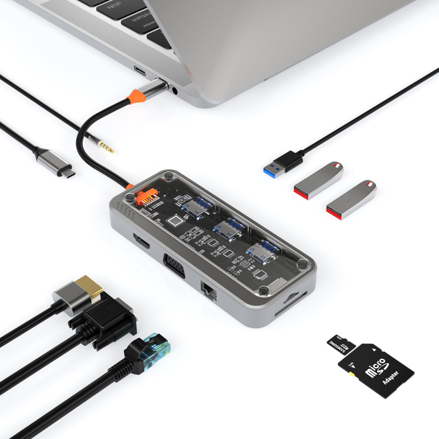 Aluminum 10 in 1 Type c Usb Adapter Hub Type c to Usb Hub with Rj45 Usb c Hub 3.0 HD-MI TF SD Card Reader Audio for Macbook