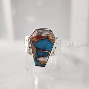 Bague Femme Cercueil Naturel Huître Cuivre Turquoise Gemme Décembre Pierre De Naissance Martelé Cercueil Bague Bague En Argent Sterling 925 - Product Image 1
