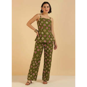 Deebaco Women's Olive Green Cotton 2 Piece Co-Ords <b>Set</b> Casual Summer Stylish Polka Dot Sleeveless Peplum Top With Wide Leg Pants - Product Image 5