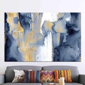 Printed <b>Canvas</b>: Modern <b>Blue</b> & Gold Abstract Wall Art,WRAPPED <b>CANVAS</b> - Product Image 1