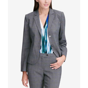 Calvin Klein Women's Glen Plaid Two-Button Blazer <b>Silver</b> Double-Breasted <b>Jacket</b> with Embroidery Woven Pattern Size 14 - Product Image 1