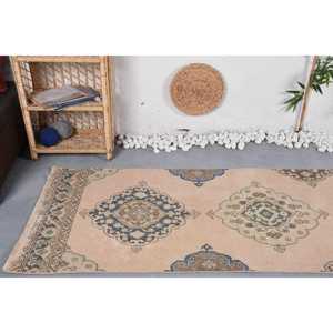 2.9x12.5 ft Vintage <b>Rug</b>, Turkish <b>Runner</b> <b>Rug</b>, Beige Blue Ikat Wool <b>Rug</b> - Product Image 5