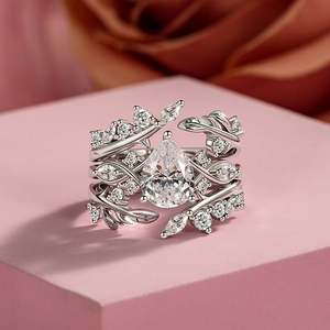 Jeulia Gold Plated Leaf Twist Cluster <b>Ring</b> <b>Set</b> with Sparkling Pear Shaped Zircon - Product Image 4