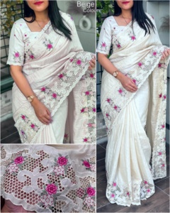 Dernière tenue de créateur Fancy Trending Tusser Best Cotton Saree With Multi Thread Embroidery Cutwork & Boaring Work Woman Fashion - Product Image 4
