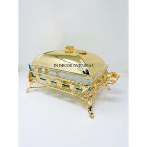 Cazuela de forma rectangular hecha de vidrio transparente con soporte de base de diseñador de hojas de Gingko chapado en oro de alta calidad y tapa superior - Product Image 1