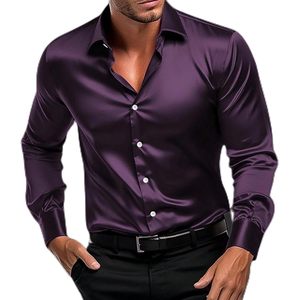 Personalizado de manga larga de alta calidad botón Up Casual Streetwear Premium satén camisas para hombres seda satén forrado fiesta camisas para hombres - Product Image 2
