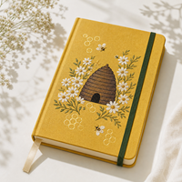 Carnet personnalisé LABON en forme de ruche, jaune moutarde, couverture rigide en tissu, impression UV, marguerites, abeilles, nid d'abeille, vert forêt, bande élastique
